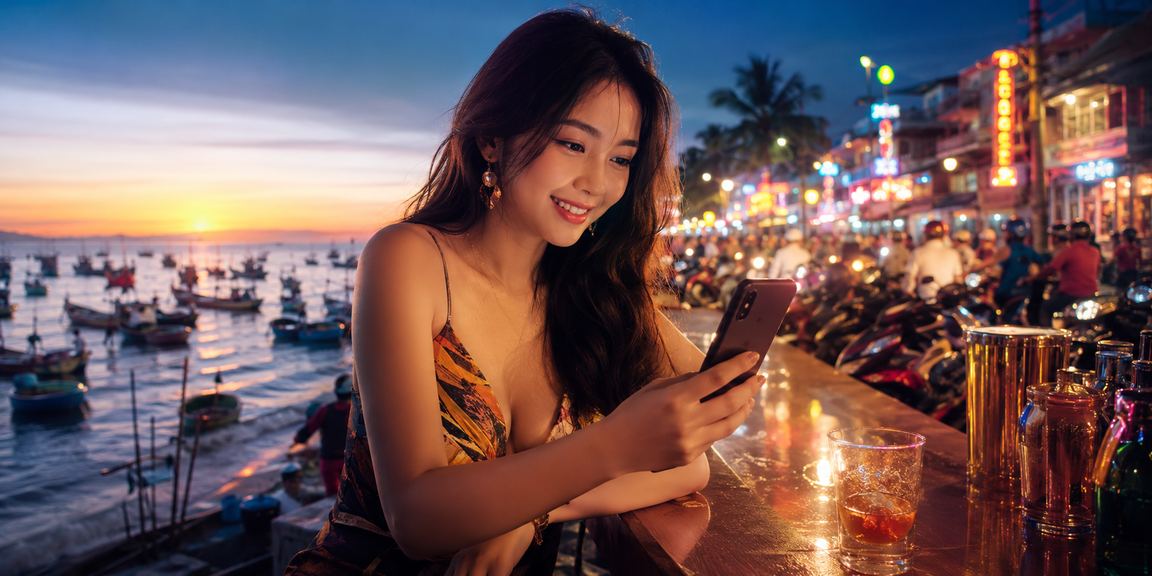Người chơi kiểm tra tiền thưởng casino trên điện thoại tại bãi biển Mũi Né buổi trưa
